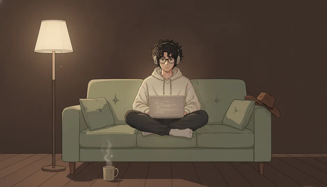 Illustration of Evan coding on a sofa with headphones on